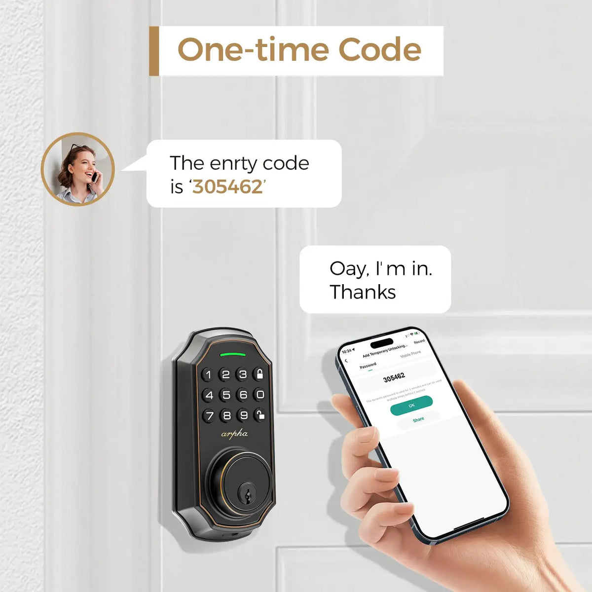 1/2/4PCS Arpha Smart Door Lock Keyless Entry Keypad Electronic Deadbolt WiFi Door Lock with Tuya App Control Auto Lock One-Time Password Anti-Peeping Passcode Battery Powered for Home Front Door