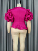 Shiny Peplum Blouse with Puff Sleeves Elegant Women's Top