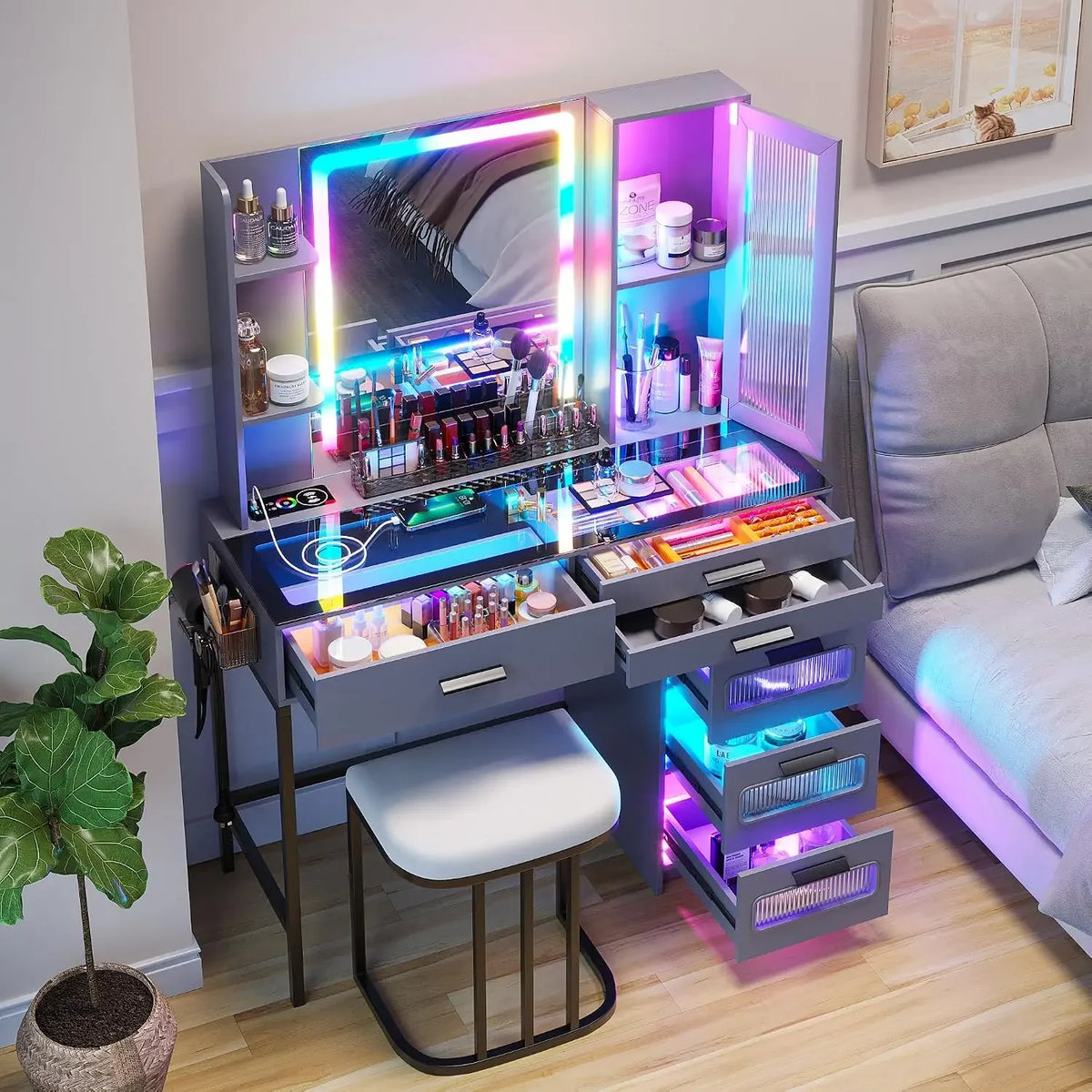 Glass Corner Vanity Makeup Desk