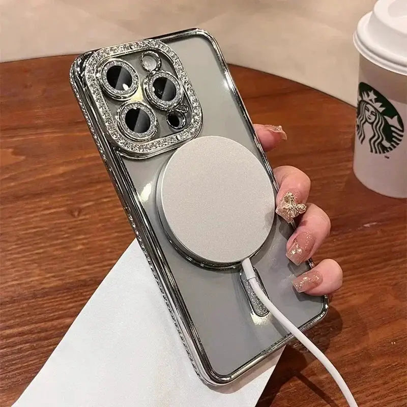Fashion Glitter Diamond Transparent Case For iPhone 18 17 16 15 14 13 11 12 Pro Max Funda Magnetic Wireless Charger Bumper Cover