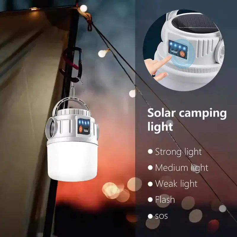 Solar Camping Lights Outdoor Waterproof Multifunctional Tent Flashlight Type-C And Solar Charge Atmosphere Light LED with Hook