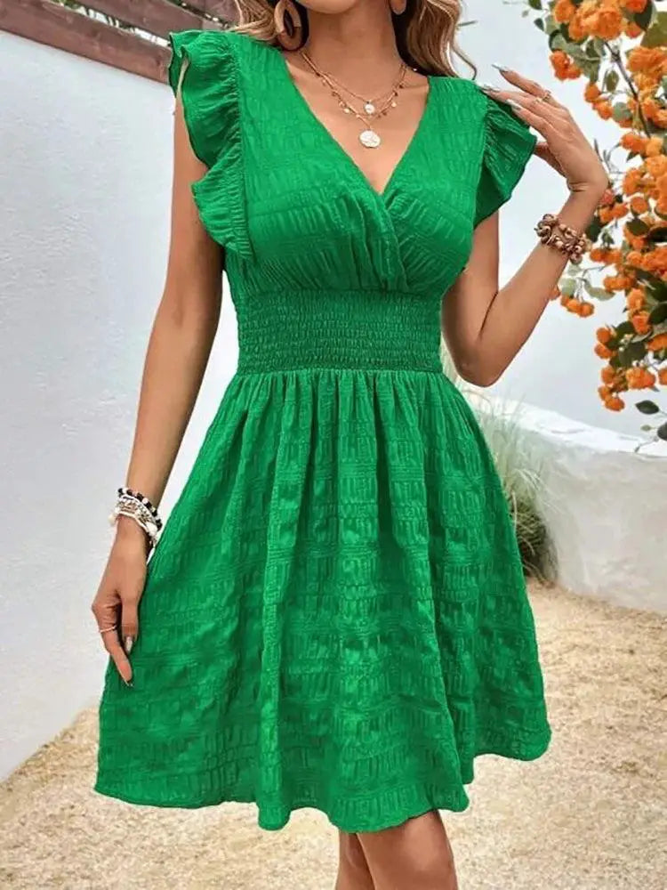 Elegant Red V-Neck A-Line Dress For Summer Chic Essentials