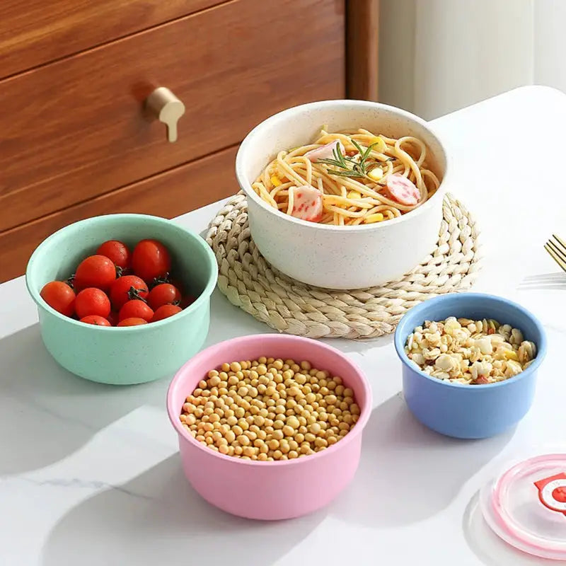 3pcs Wheat Straw Fresh-Keeping Bowl Three-Piece Set with Lid for Home Microwaveable Plastic Round Lunch Box