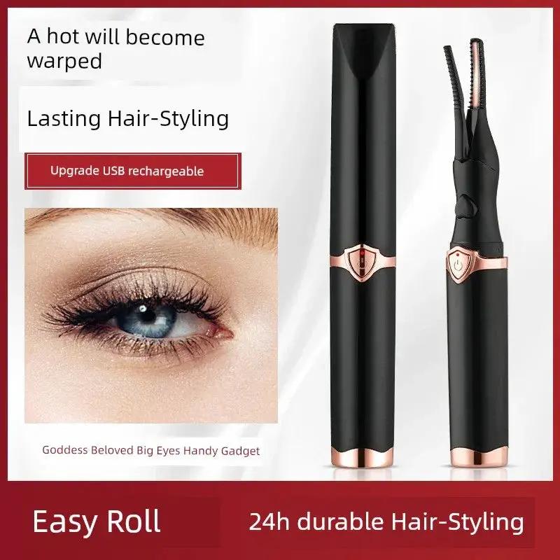 USB rechargeable heated eyelash curler in black and rose gold, beauty gadget for long-lasting eye styling at OurLum.com