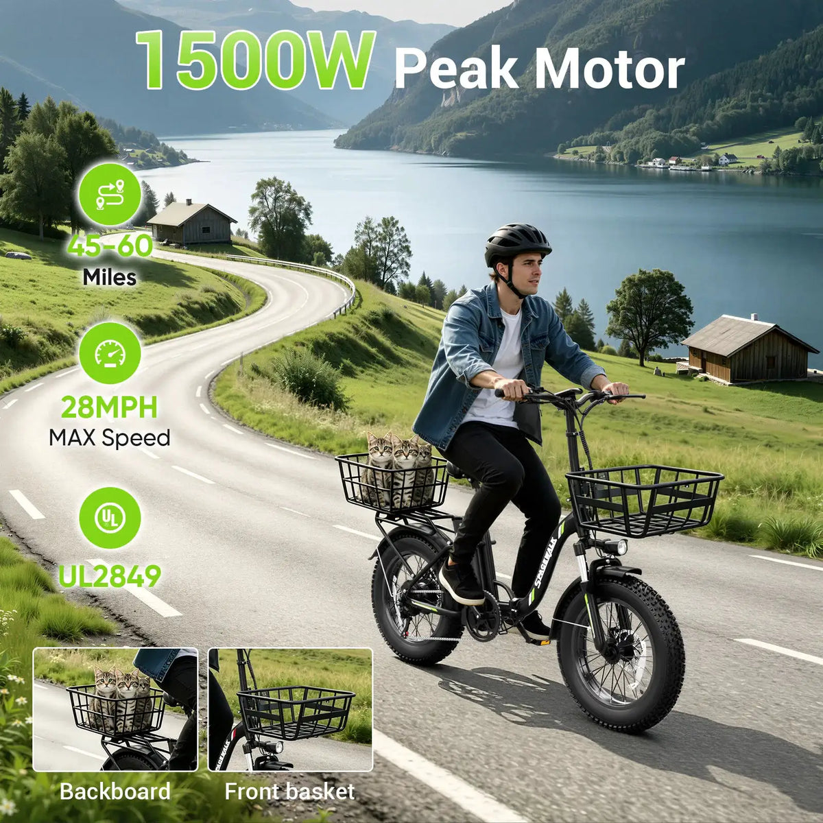 Spacewalk 1500W Foldable Electric Bike for Adults 20x4.0 Folding E-Bike 48V 15Ah Removable Battery 28MPH Long Range 45-60 Miles 7-Speed Gears 5 PAS with NFC Unlock
