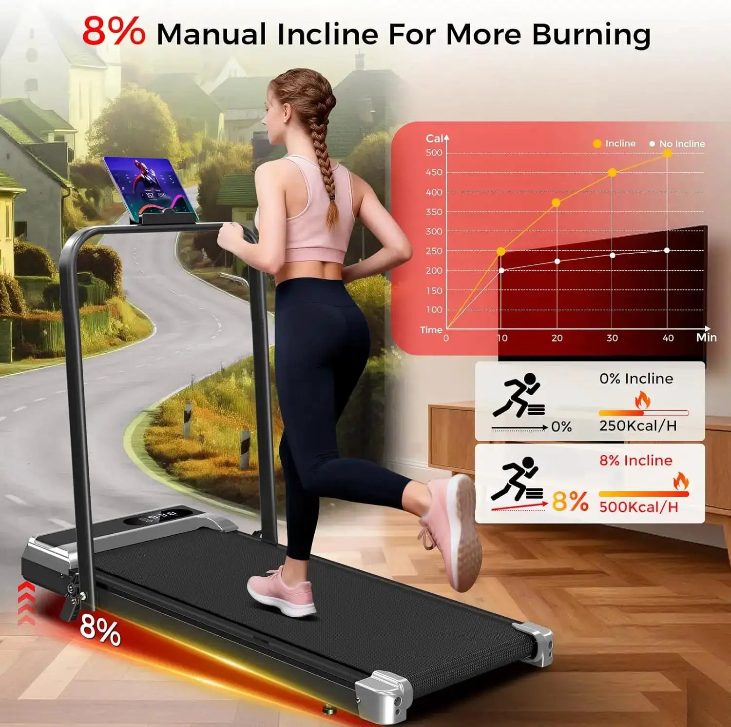 3.0HP Quiet Foldable Walking Pad Treadmill with Handle Bar & 8% Fixed Incline, Tool-Free Easy Assembly, Max 350-LB Load for Indoor Home Use