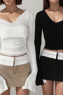 French Chic V-Neck Long Sleeve Top Streetwear Sophistication