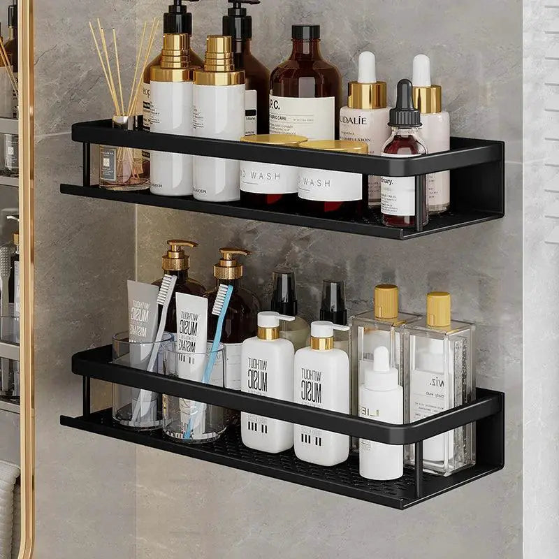 Black Aluminum Wall Shelf With Basket Storage Solution