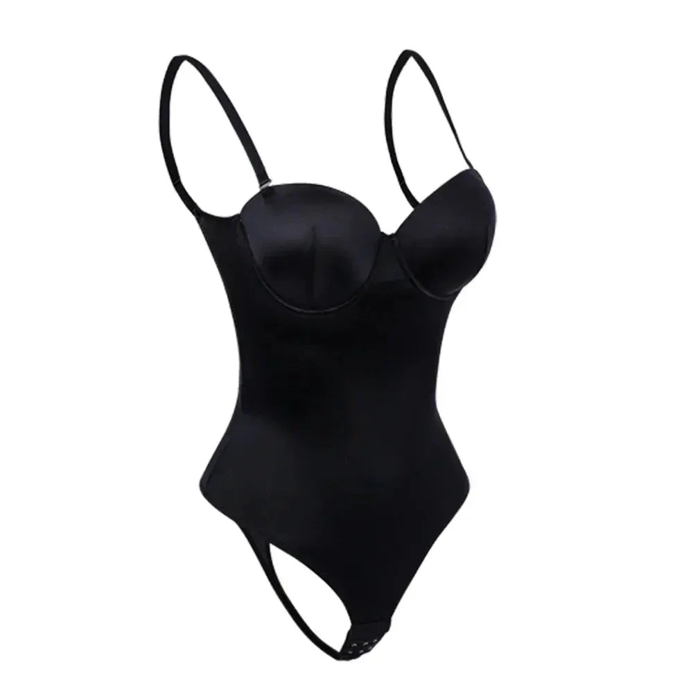 Elegant Black Deep V Backless Bodysuit With Adjustable Hooks