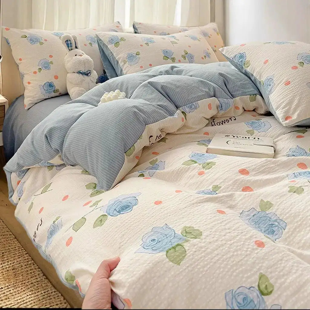 Cute Bear Pink Flower Bedding Set Soft Washed Cotton Quilt