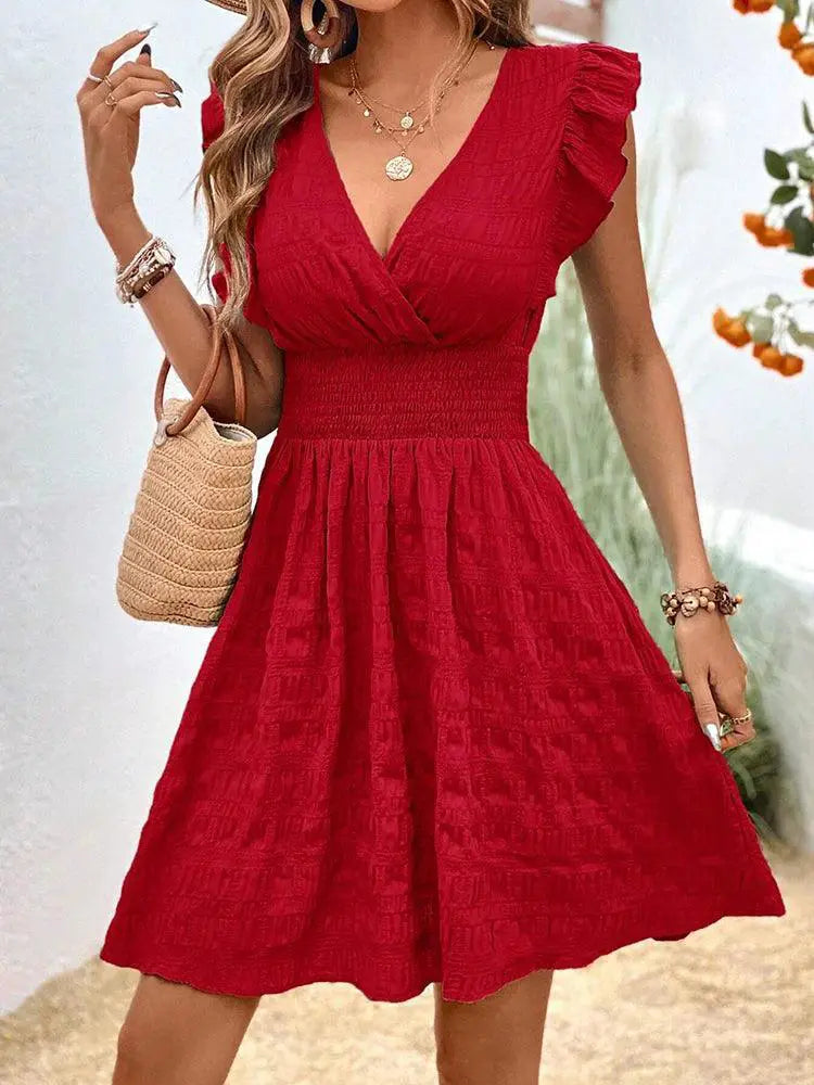 Elegant Red V-Neck A-Line Dress For Summer Chic Essentials