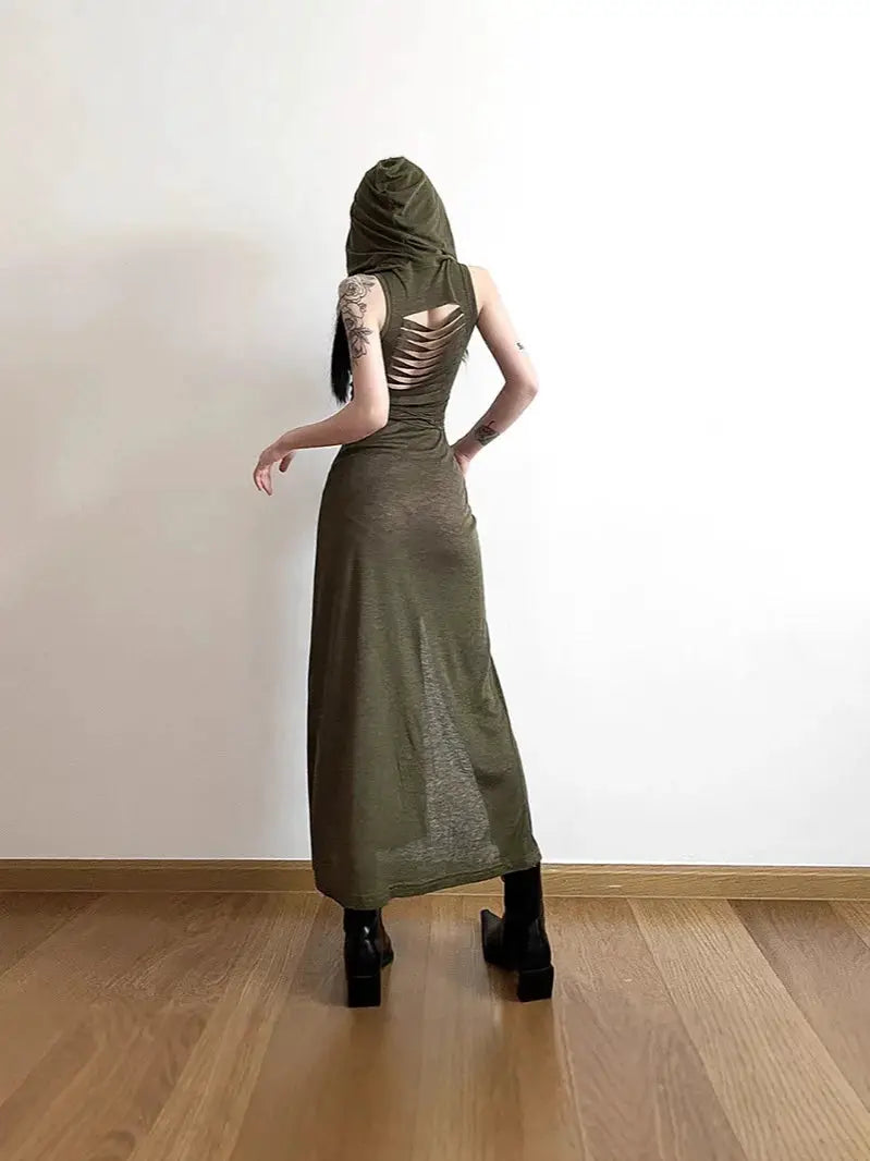 y2k Dress Women Clothes Solid Color Sleeveless Hollow Out Back Slit Hooded Dress 2000s Halloween Party Dresses