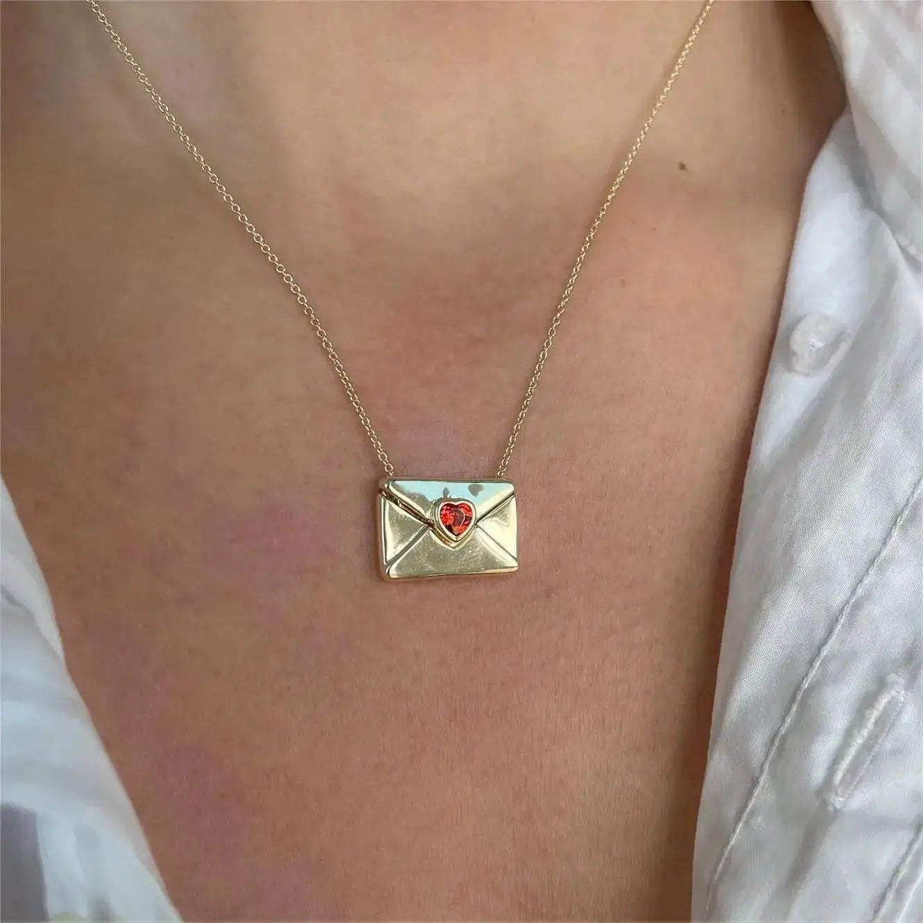 Copper Envelope Necklace Inlaid With Red Hearts Design