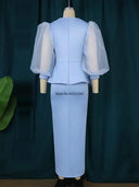 Blue Beaded Lantern Sleeve Peplum Dress Elegant Nightwear