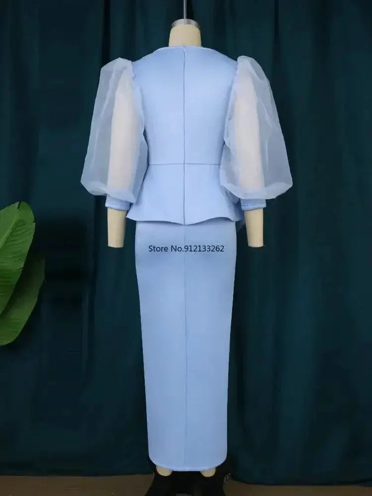 Blue Beaded Lantern Sleeve Peplum Dress Nightwear Elegance