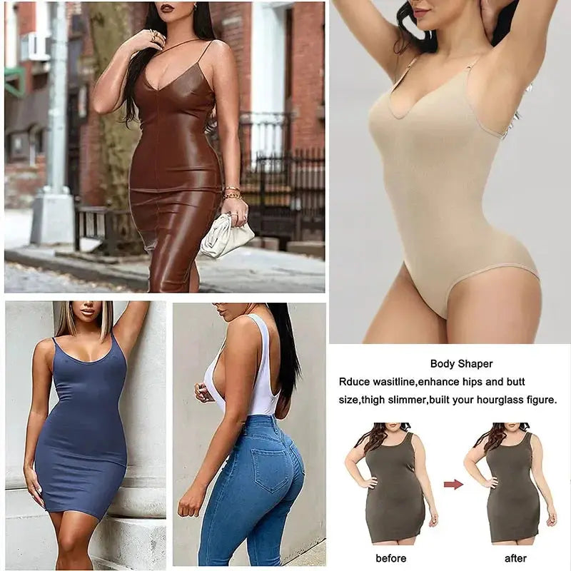 Guudia V Neck Spaghetti Strap Compression Bodysuit Slimming