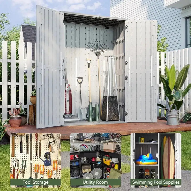 Aoxun 1800L Tall Outdoor Storage Shed with Floor, 133×75.5×190.5 cm Narrow Waterproof Horizontal Resin Cabinet for Garage Storage 64 Cu.Ft,Wheelie Bin Storage, Pool Storage, Plastic Shed, Garden Shed