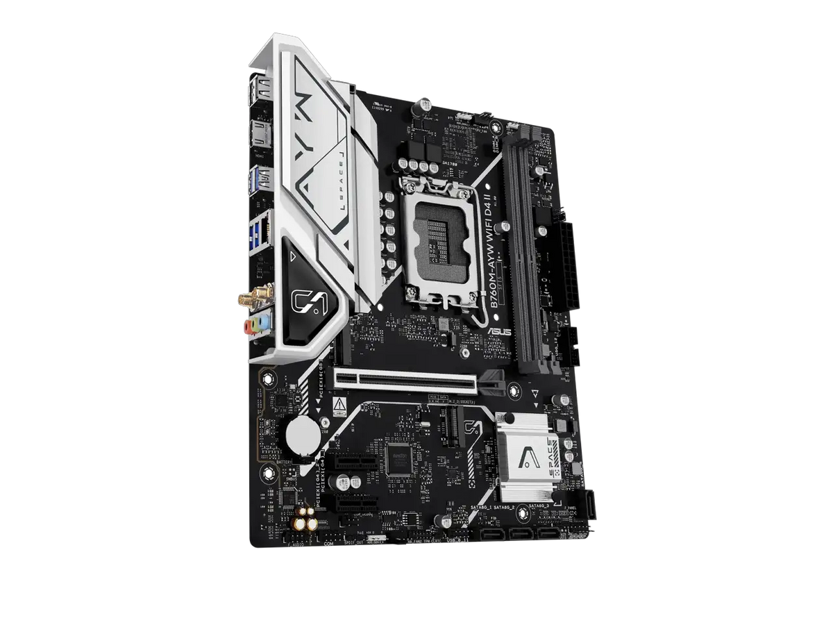 ASUS B760M-AYW WIFI D4 II Intel B760 (LGA 1700) microATX mATX motherboard, PCIe 5.0 x16 Support, two M.2 slots, DDR4, Realtek 2.5Gb Ethernet, Wi-Fi 6, HDMI, SATA 6 Gbps, front USB 5Gbps, Aura Sync