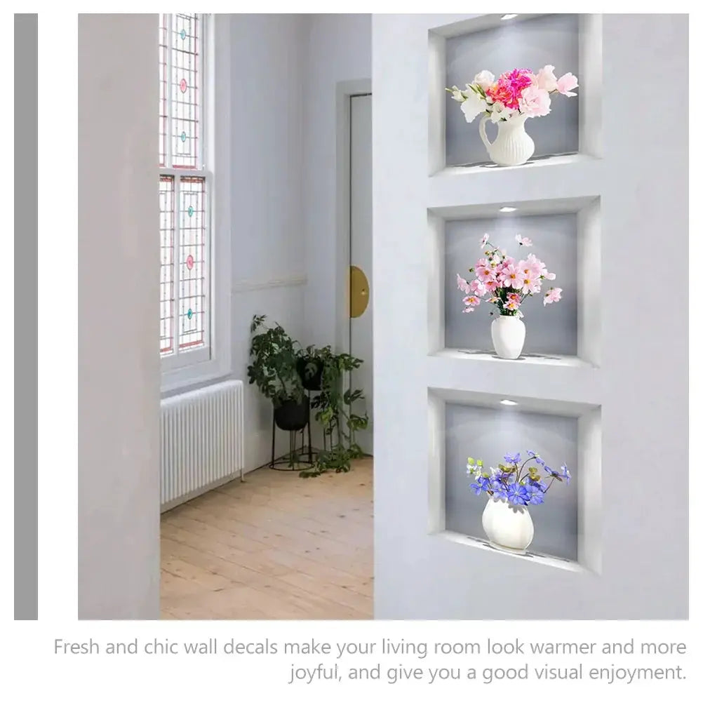 3D Window Flower Wall Sticker Vase Set 3 Pieces Decor