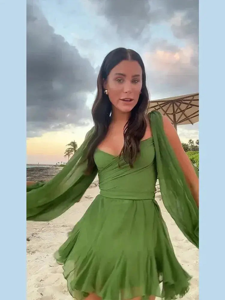 Green Mesh Lantern Sleeve Mini Dress With V Neck Chic