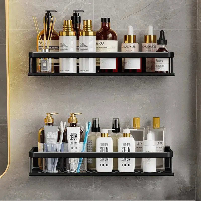 Black Aluminum Wall Shelf With Basket Storage Solution