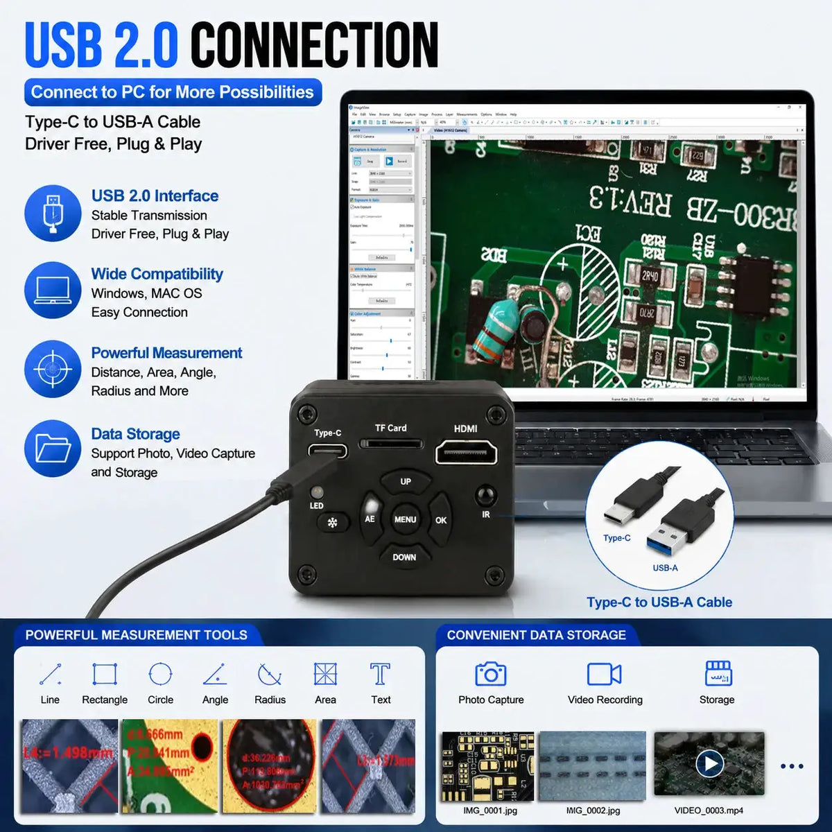 4K Electronic Digital Microscope for PCB Soldering/Phone Repair, HDMI USB IMX678 Chip Industrial Camera with Software/150X Lens
