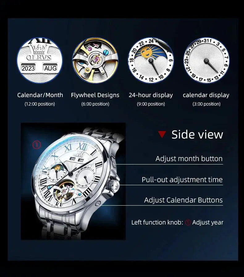 OLEVS Moon Phase Luxury Automatic Watch Roman Dial Steel