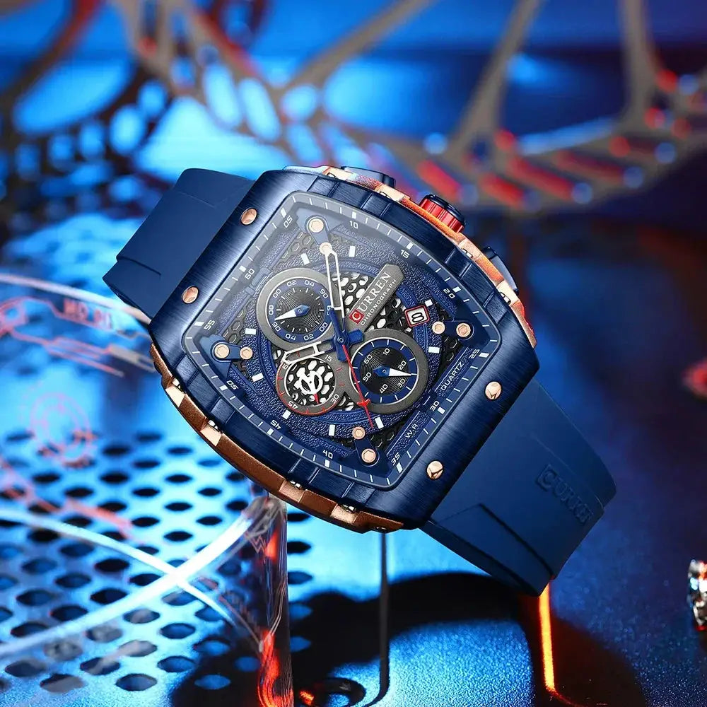 Luxury blue and gold men's chronograph watch with silicone strap, modern design at OurLum.com