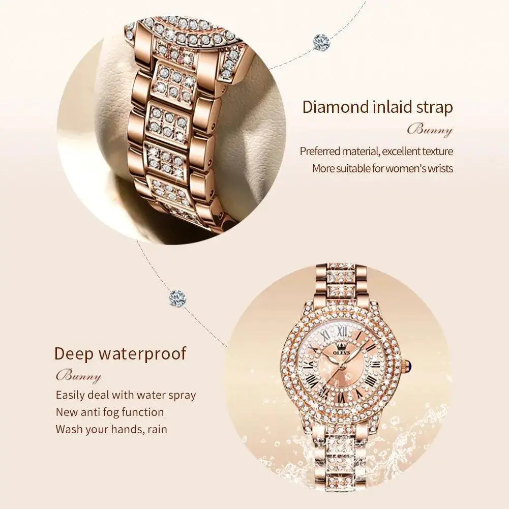OLEVS Rose Gold Diamond Watch For Women Waterproof Timepiece