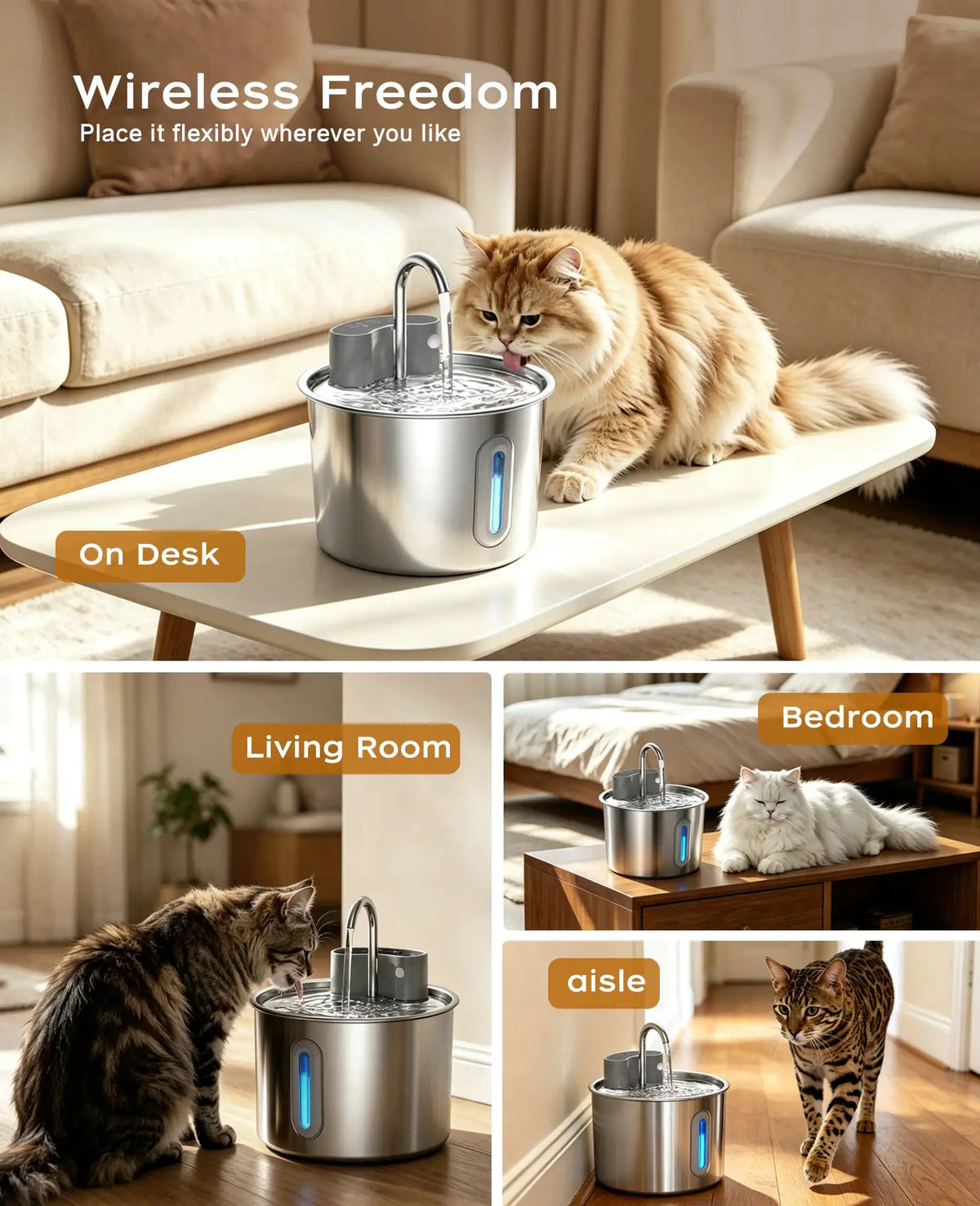 Cordless Stainless Steel Cat Water Fountain 74oz/2.2L,Battery Operated Quiet Automatic Wireless Pet Fountain for pets indoor