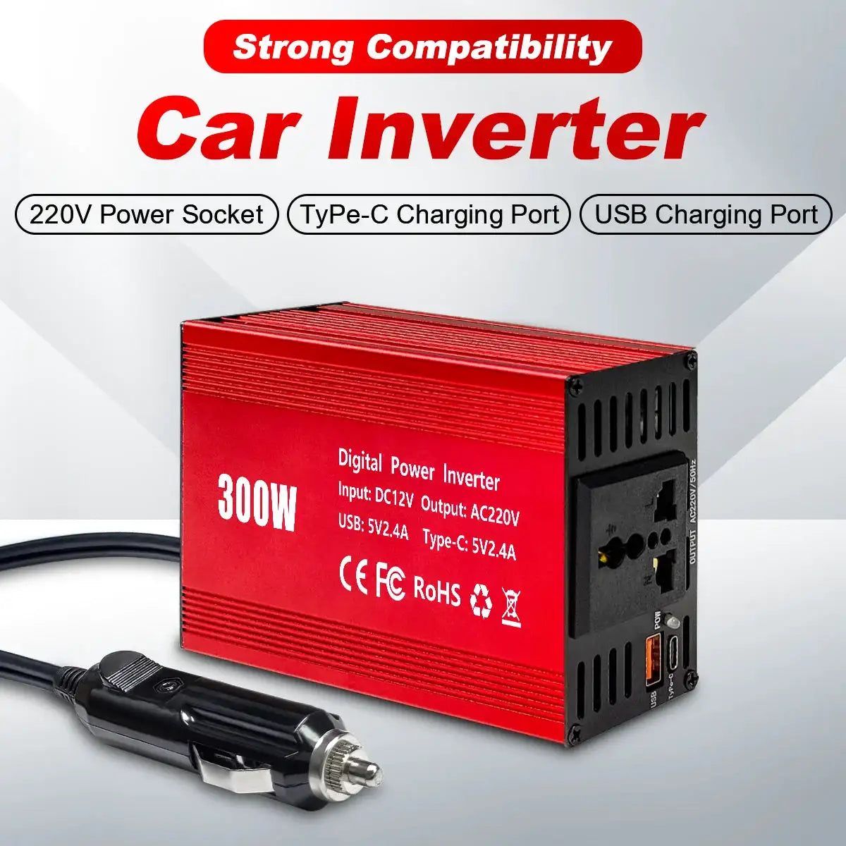 Car Power Inverter 300W Pure Sine Wave EU Socket DC12V to AC 220V 50hz, 5V 2.4A USB Port Fast Charging Voltage Adapter