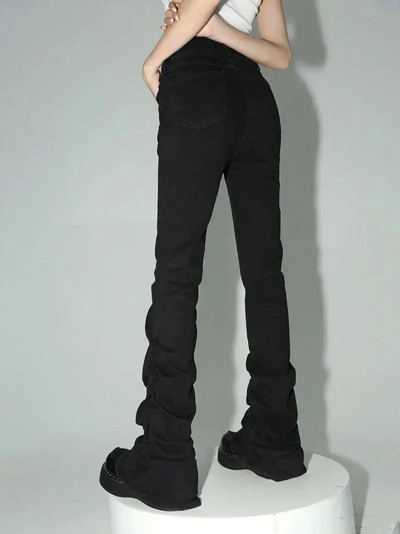 REDDACHiC Black Ruched Flare Jeans High Rise For Women