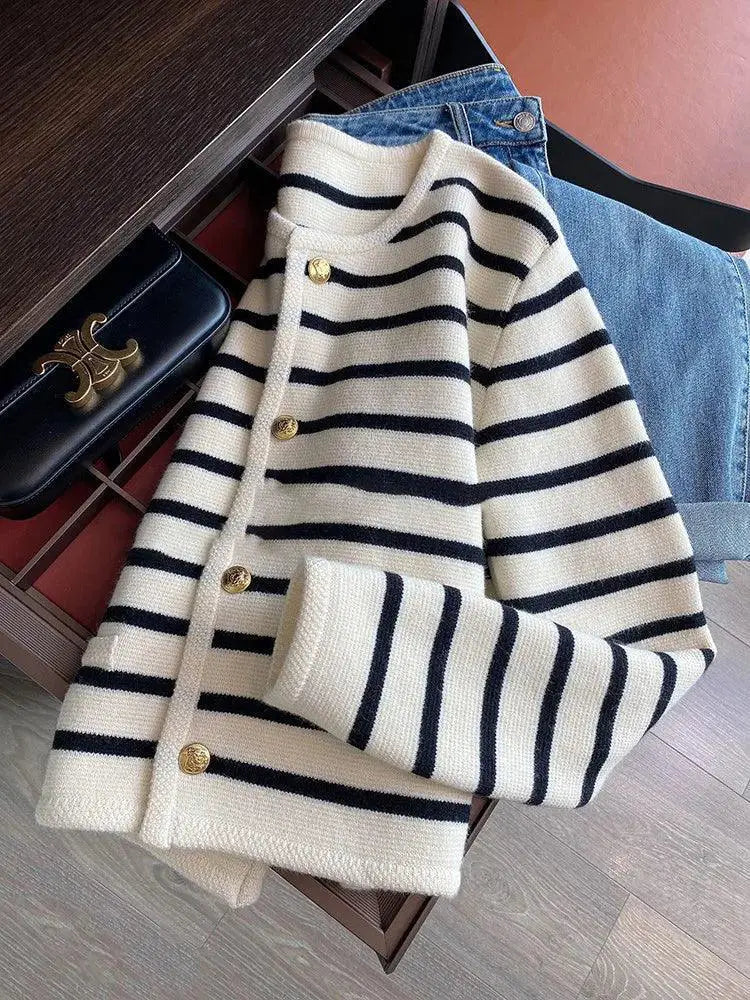 Striped Knit Cardigan For Women Stylish O Neck Sweater