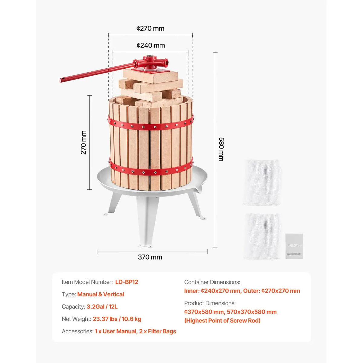 SucceBuy Fruit Wine Press Solid Wood Basket with Blocks Heavy — product view 8