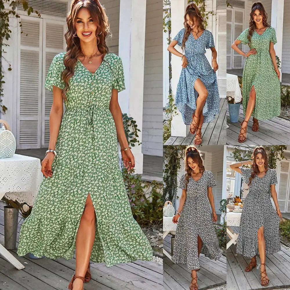 Vintage Floral Summer Dress With High Waist Slit Beachwear
