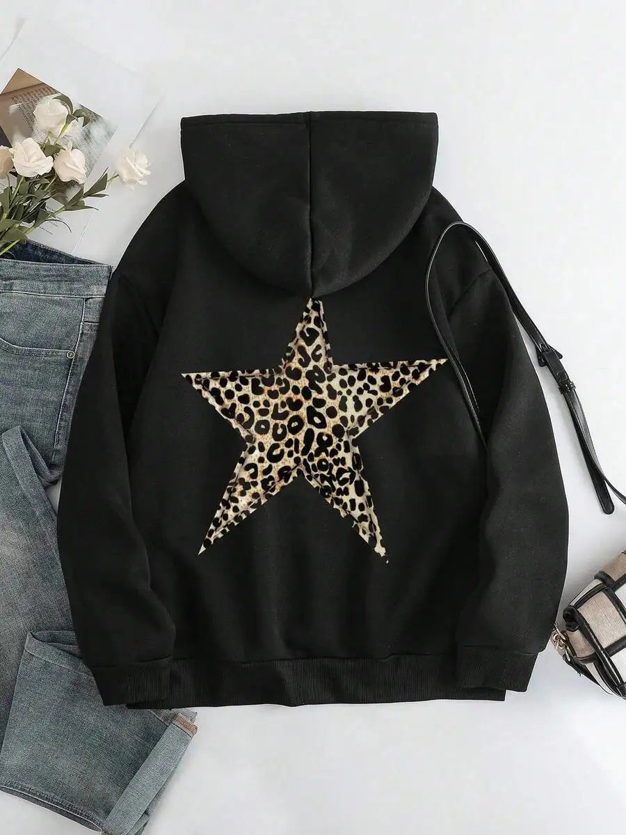 Crew Neck Leopard Hooded Sweatshirt