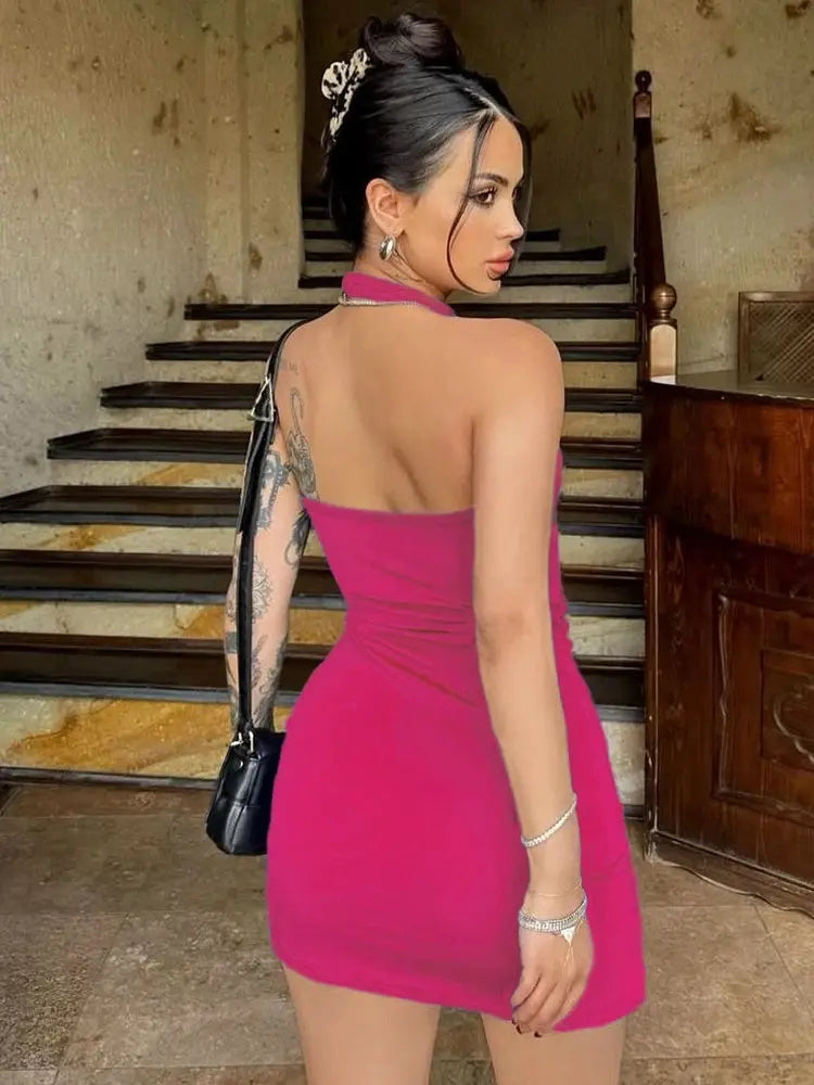 Halter Dress Seveless Backless Side Slit Neck-mounted Mini Dresses Knitted Sheath Streetwear 2024 Summer Woman Clothing Y2K 2406