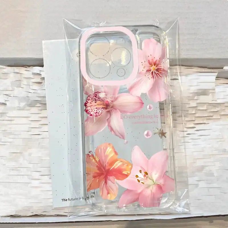 Pink Lily Flower Pattern Phone Case For iPhone 18 16 17 16e 15 14 13 12 11 Pro Max X XR XS Max 7 8 Plus Transparent Soft Cover