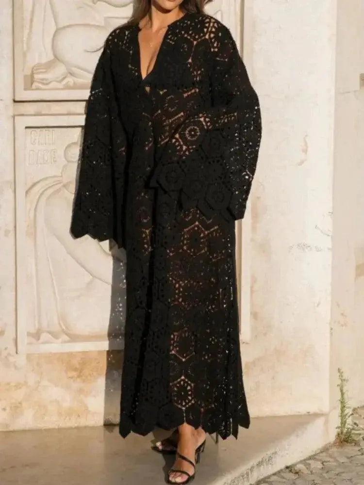 Sweet Lace Midi Dress Elegant Floral V Neck Flared Sleeves