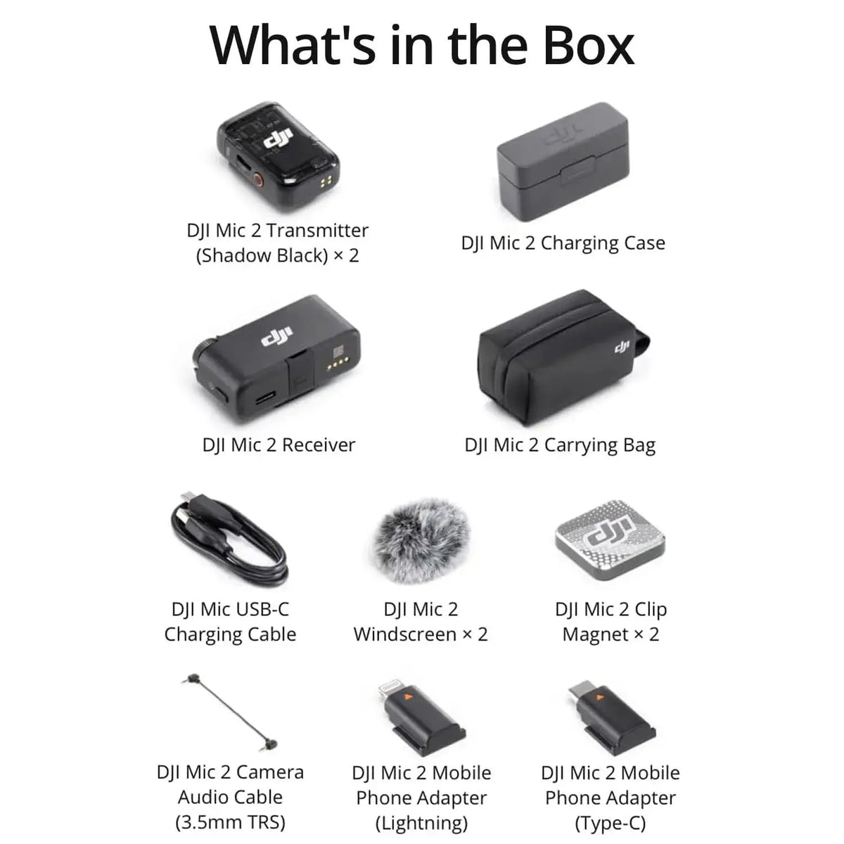 DJI Mic 2 (2 TX + 1 RX + Charging Case), All-in-one Wireless Microphone, Intelligent Noise Cancelling, 32-bit Float Internal Recording, 250m (820 ft.) Range, Microphone for iPhone, Android, Camera
