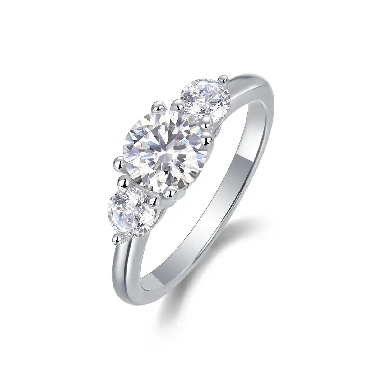 Three-stone moissanite ring with a center stone and two side accents