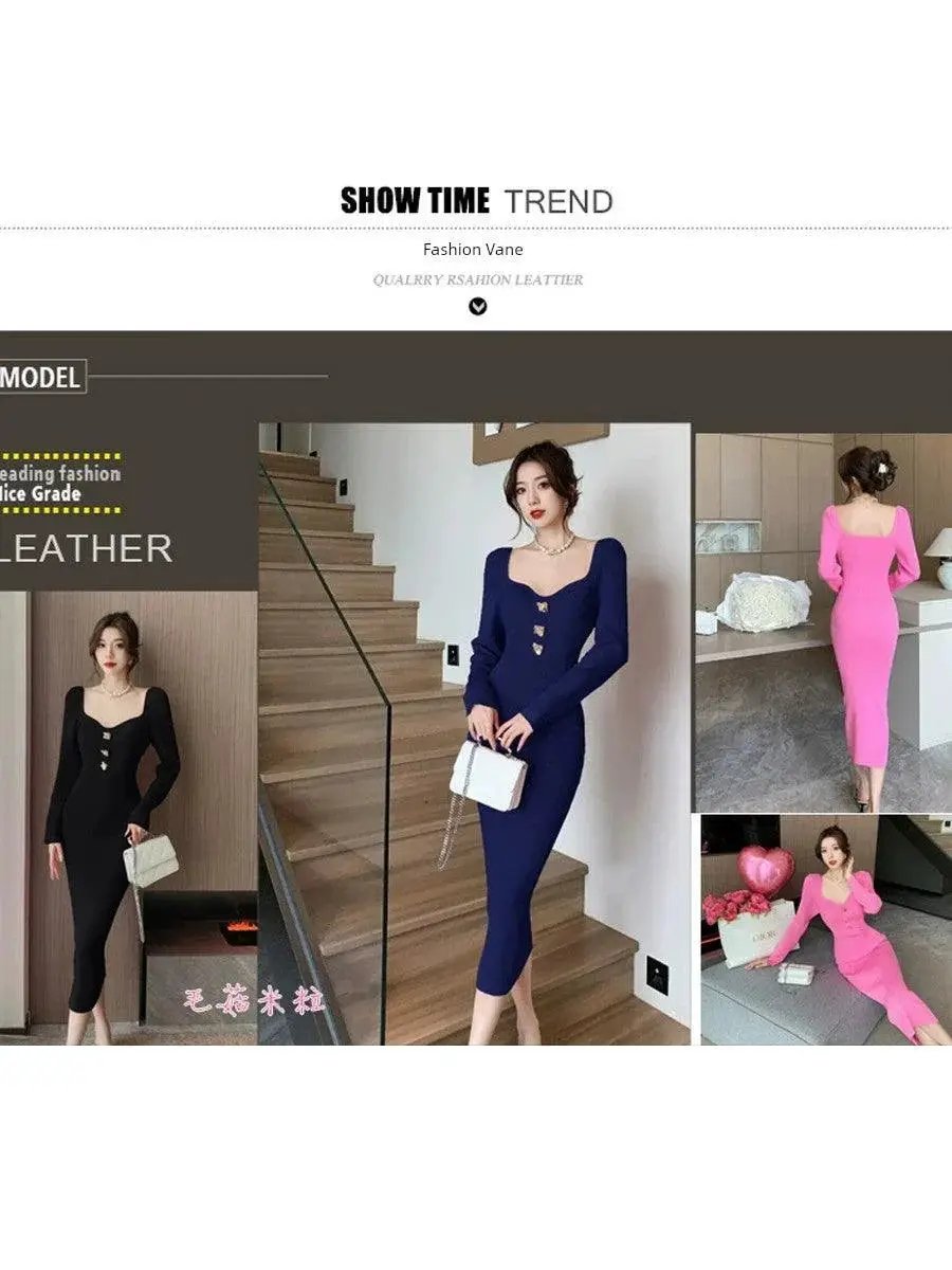 French Square Collar Knit Dress For Autumn Winter Style