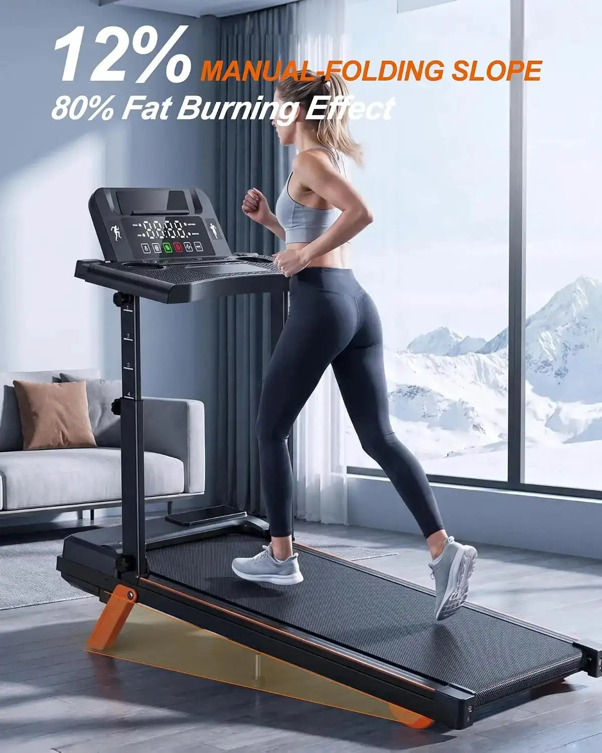 3.5HP Multifunctional Walking Pad Treadmill, 12% Max Incline, Height-Adjustable Handle & Detachable Desk, Max Speed 8.0 MPH, 350-LB Load, Black-Orange Finish