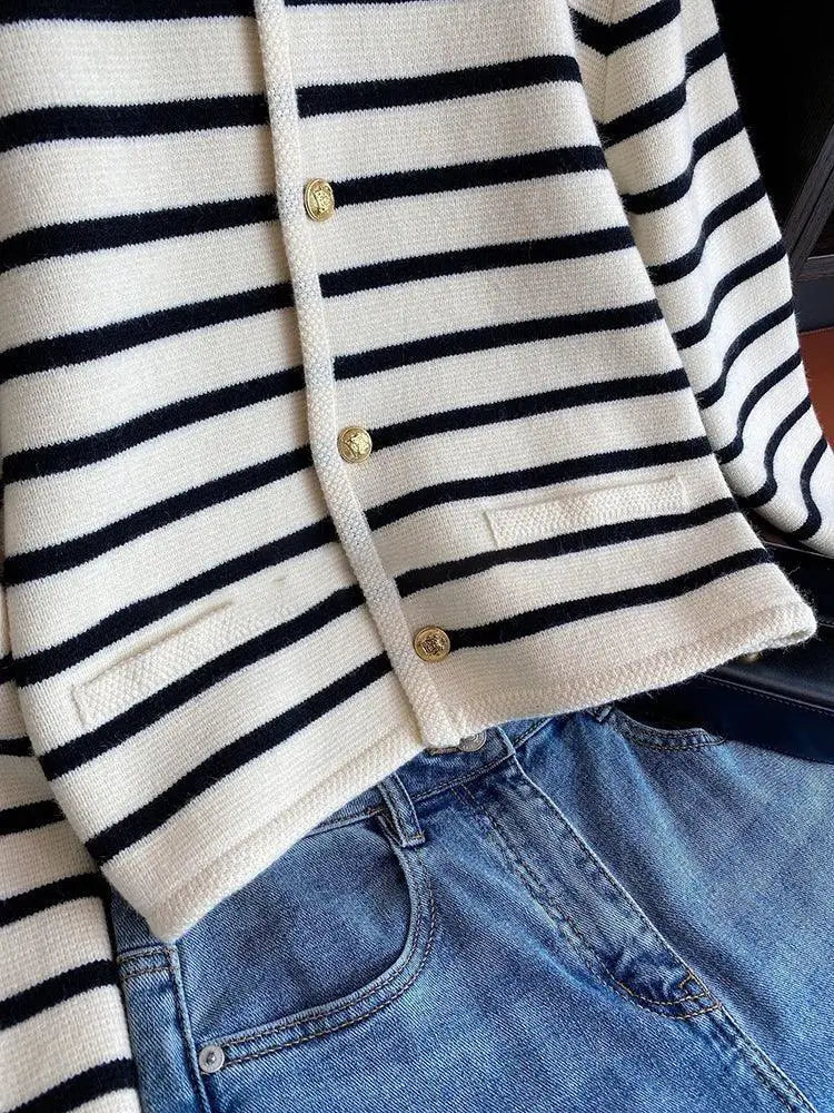 Striped Knit Cardigan For Women Stylish O Neck Sweater