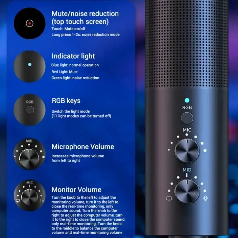 Gaming USB Microphone Noise Cancellation And RGB Features