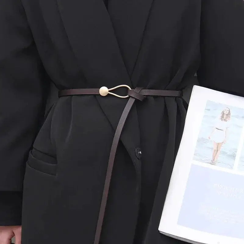 Luxurious Black Coffee Thin Knot Womens Leather Belt