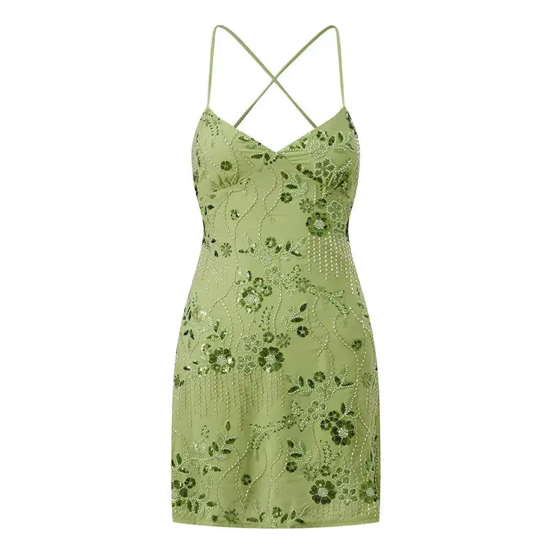 hirigin Sequin Beaded Cami Mini Dress Sexy Front V Neckline Sleeveless Short Dresses for Women Backless Criss Cross Straps Dress