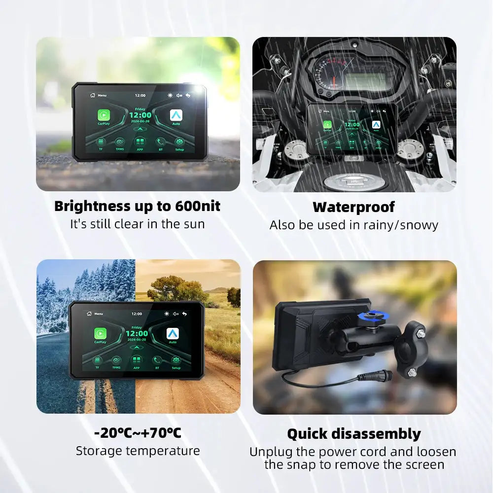 EKIY 5.0 inch Wireless CarPlay Moto Android Auto Motorcycle Dashboard Display Screen Portable Digital GPS Moto Navigation TPMS
