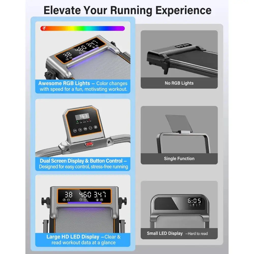 Foldable Walking Pad Treadmill with Adjustable Incline, 2 Screen Display, and RGB Light for Home Use