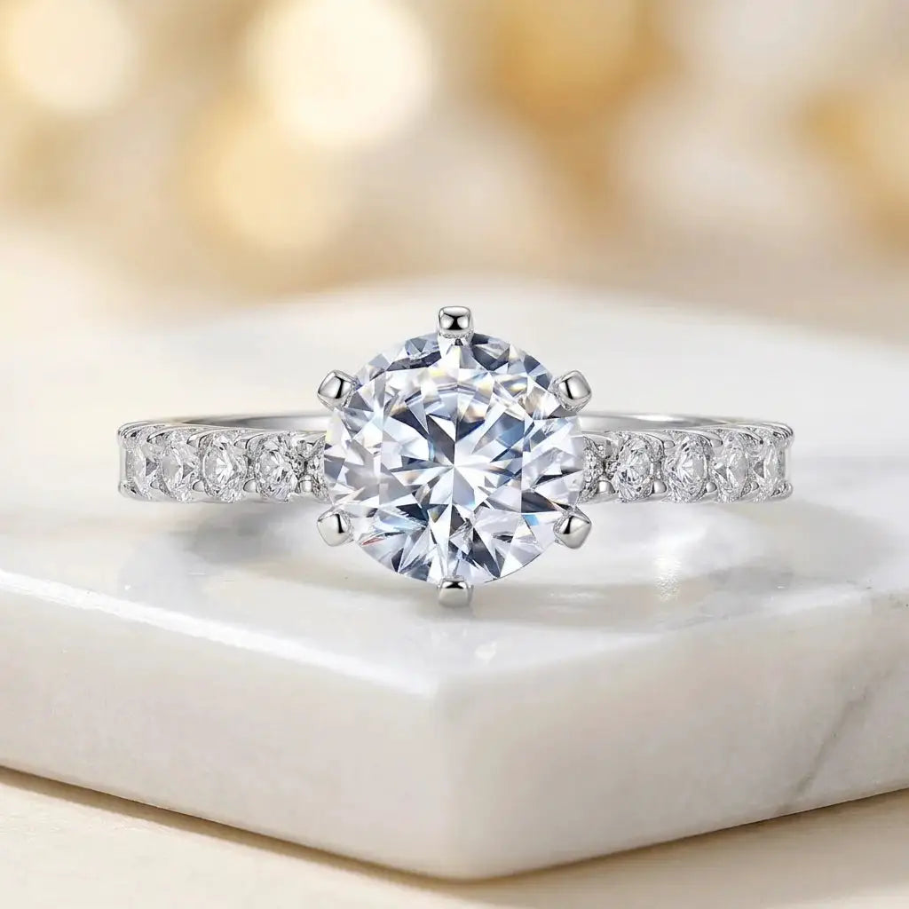 Moissanite Ring in Sterling Silver Classic Prong Setting — product view 2